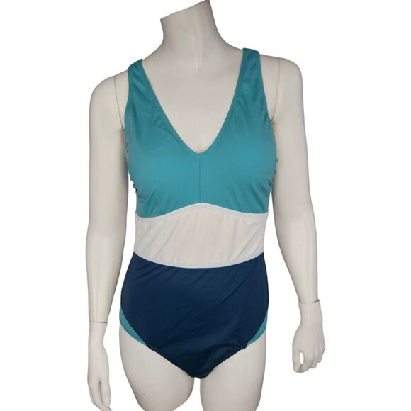 Zuda Colorblocked V-Neck One Piece Womens Swimsuit Teal Blue Size 8 NWOT - Picture 1 of 16